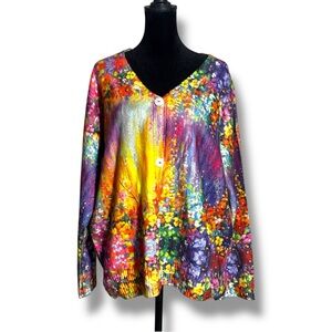 No Label Bright Long Sleeve Button Down Front Colorful Abstract Cardigan